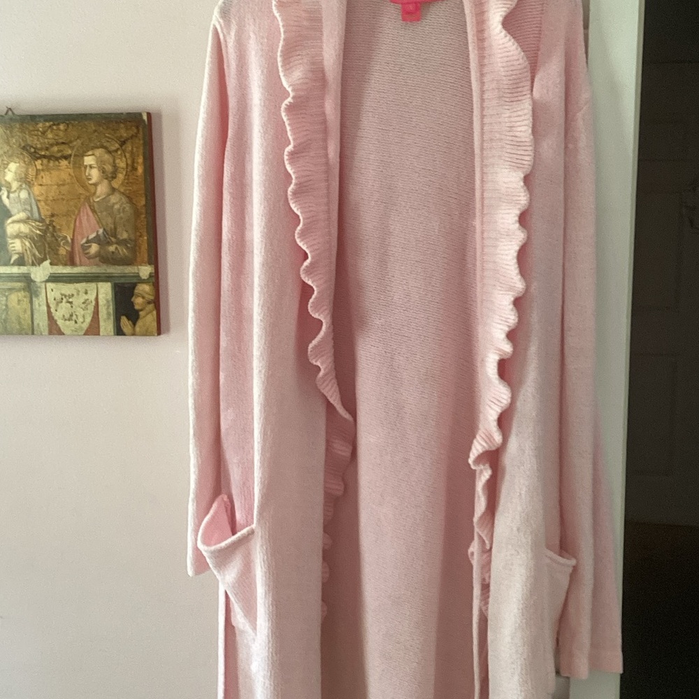 Lilly Pulitzer Pink Open Knit Bathrobe with Ruffle Trim